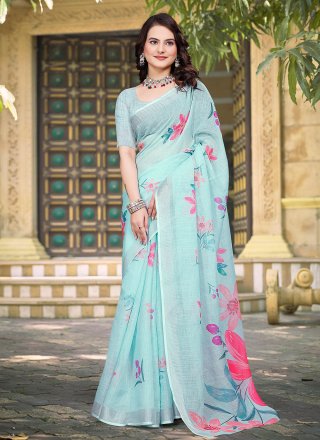 Sea Green Cotton Patch Border and Digital Print Work Contemporary Sari