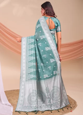 Sea Green Cotton Print Work Classic Saree
