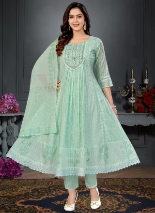 Sea Green Cotton Readymade Salwar Suit with Chikankari, Embroidered and Mirror Work for Women