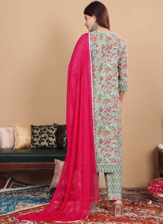 Sea Green Cotton Readymade Salwar Suit with Floral Patch and Print Work for Ceremonial