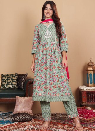 Sea Green Cotton Readymade Salwar Suit with Floral Patch and Print Work for Ceremonial