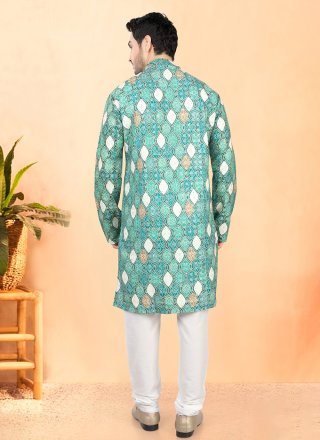 Sea Green Cotton Sequins and Thread Work Kurta Pyjama for Ceremonial