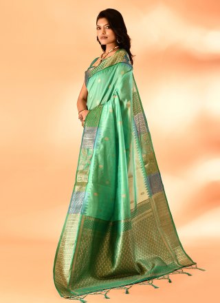 Sea Green Cotton Silk Contemporary Sari with Plain and Woven Work for Ceremonial