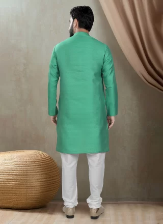 Sea Green Cotton Silk Kurta Pyjama In Plain for Ceremonial