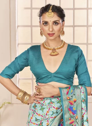 Sea Green Cotton Silk Patch Border and Print Work Contemporary Saree for Ceremonial