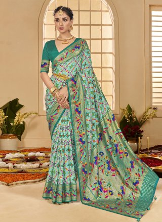 Sea Green Cotton Silk Patch Border and Print Work Contemporary Saree for Ceremonial
