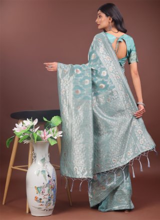 Sea Green Cotton Trendy Saree with Weaving Work for Casual