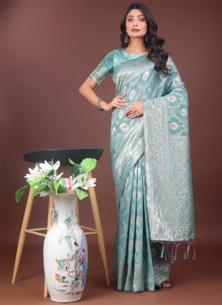 Sea Green Cotton Trendy Saree with Weaving Work for Casual
