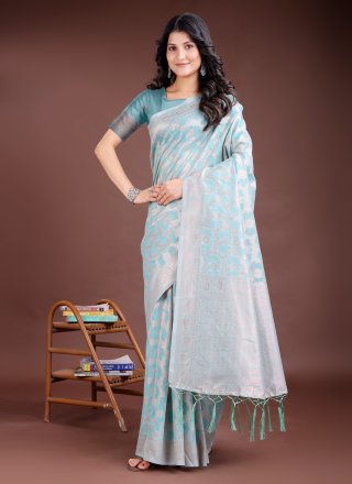 Sea Green Cotton Trendy Saree with Weaving Work for Casual