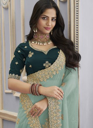 Sea Green Crush Beads, Cord, Embroidered and Thread Work Trendy Saree