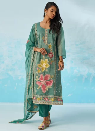 Sea Green Crush Readymade Salwar Suit with Fancy Work