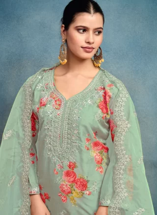 Sea Green Digital Print, Embroidered, Mirror and Moti Work Silk Salwar Suit