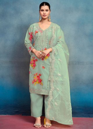 Sea Green Digital Print, Embroidered, Mirror and Moti Work Silk Salwar Suit