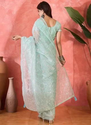Sea Green Embroidered and Sequins Work Net Contemporary Sari