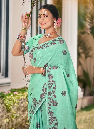 Sea Green Embroidered and Thread Work Kanjivaram Silk Classic Saree