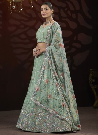 Sea Green Embroidered, Fancy, Sequins and Thread Work Net Lehenga Choli
