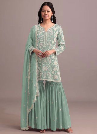 Sea Green Faux Georgette Embroidered, Khatli and Thread Work Salwar Suit