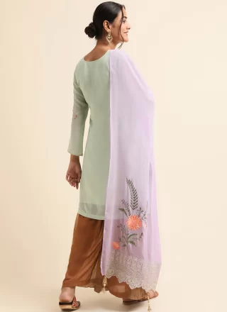Sea Green Faux Georgette Palazzo Salwar Suit with Embroidered Work