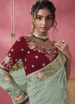 Sea Green Georgette Classic Sari with Cord, Embroidered, Sequins, Thread and Zari Work