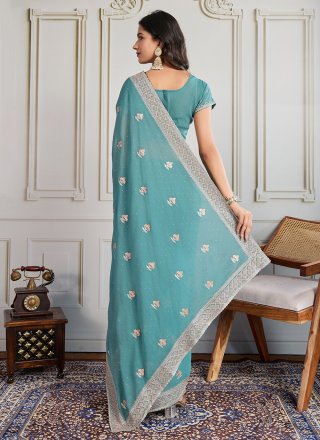Sea Green Georgette Contemporary Saree with Embroidered and Swarovski Work