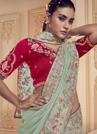 Sea Green Georgette Cord, Hand, Sequins, Thread and Zari Work Classic Sari for Ceremonial