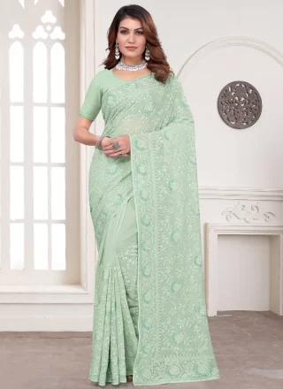 Sea Green Georgette Embroidered, Resham and Zari Work Contemporary Sari