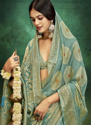 Sea Green Jacquard and Print Work Silk Classic Sari