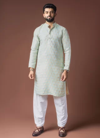 Sea Green Jacquard Woven Work Kurta Pyjama for Ceremonial