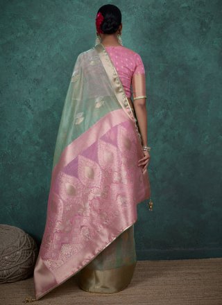 Sea Green Linen Classic Sari with Woven and Zari Work