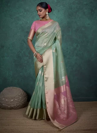 Sea Green Linen Classic Sari with Woven and Zari Work
