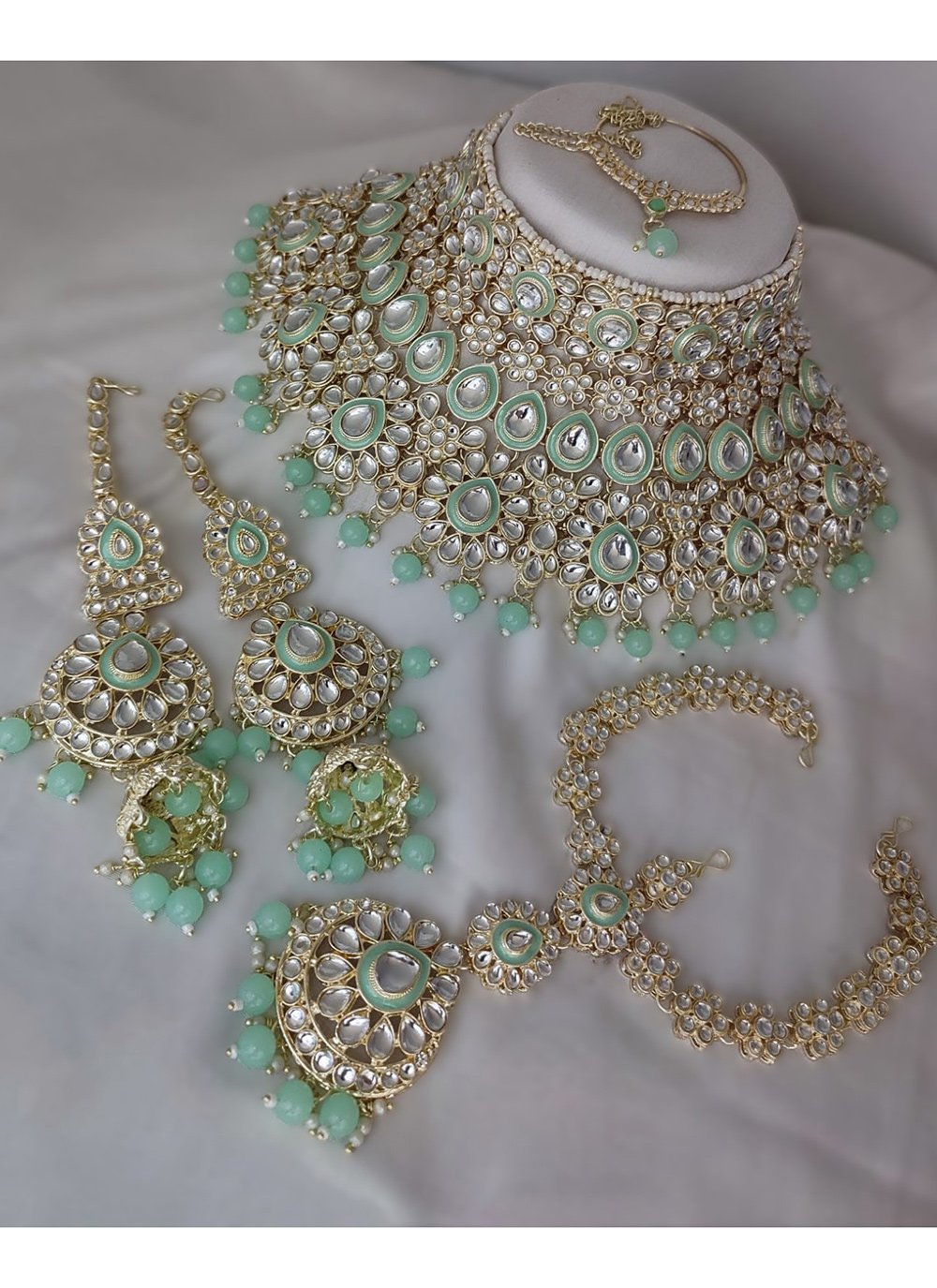 Shop Sea Green Moti and Stone Work Jewellery Set Online 309213