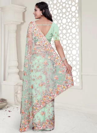 Sea Green Net Classic Saree with Cut, Embroidered, Resham, Stone and Zircon Work