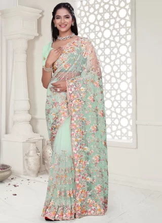 Sea Green Net Classic Saree with Cut, Embroidered, Resham, Stone and Zircon Work