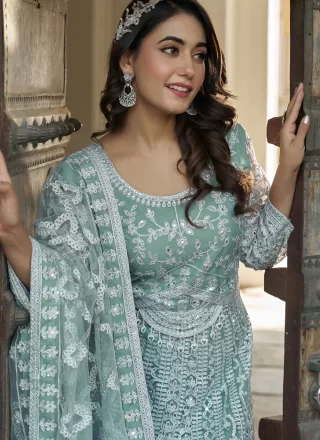 Sea Green Net Embroidered, Mirror and Stone Work Gown for Women