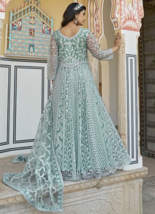 Sea Green Net Embroidered, Mirror and Stone Work Gown for Women
