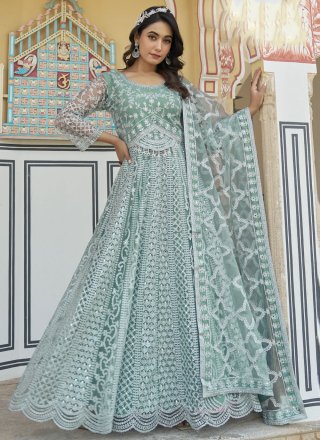 Sea Green Net Embroidered, Mirror and Stone Work Gown for Women