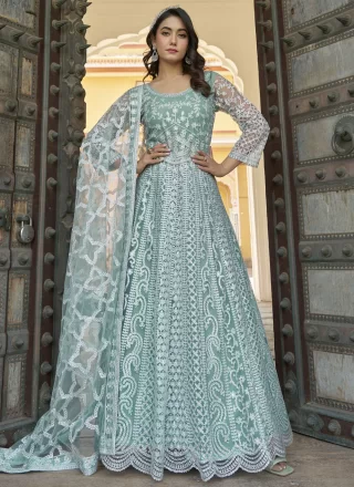 Sea Green Net Embroidered, Mirror and Stone Work Gown for Women