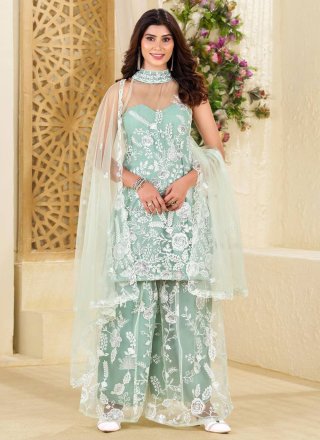 Sea Green Net Embroidered Work Palazzo Salwar Suit for Sangeet