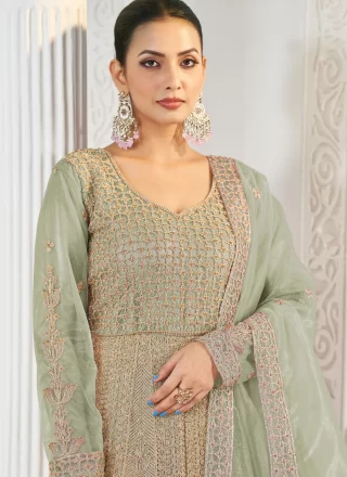 Sea Green Net Gown with Embroidered, Stone and Zari Work