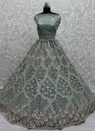 Sea Green Net Lehenga Choli with Diamond, Dori, Embroidered, Multi, Sequins, Thread and Zircon Work