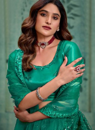 Sea Green Net Lehenga Choli with Embroidered and Sequins Work for Women