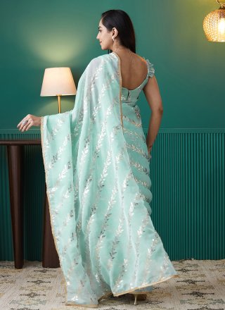 Sea Green Organza Foil Print Work Classic Saree
