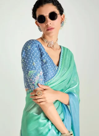 Sea Green Organza Patch Border, Embroidered and Zari Work Trendy Saree