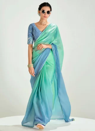Sea Green Organza Patch Border, Embroidered and Zari Work Trendy Saree