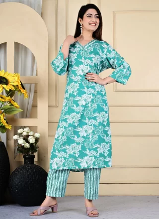 Sea Green Print Work Rayon Designer Kurti