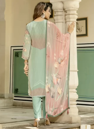 Sea Green Pure Crepe Digital Print and Embroidered Work Readymade Salwar Suit