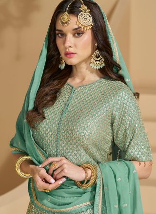 Sea Green Pure Georgette Embroidered, Sequins, Stone and Zari Work Readymade Lehenga Choli