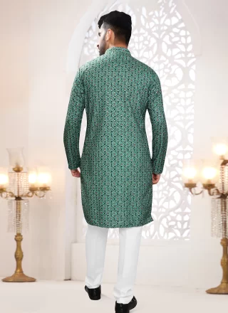 Sea Green Rayon Embroidered, Sequins and Thread Work Kurta Pyjama