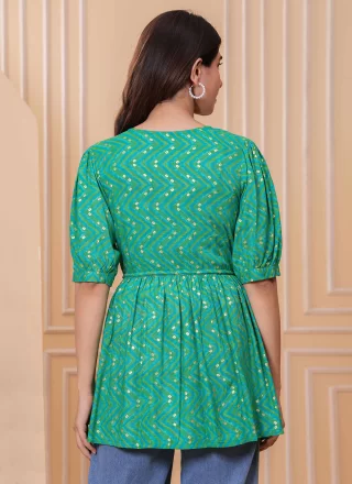 Sea Green Rayon Print Work Designer Kurti for Festival