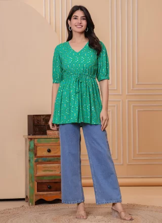 Sea Green Rayon Print Work Designer Kurti for Festival